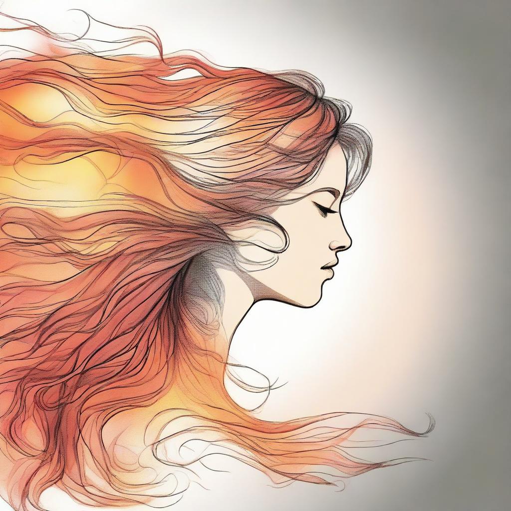 Create a detailed drawing of a side-profile woman, her hair composed of flames, as she gazes into a mesmerizing sunset.