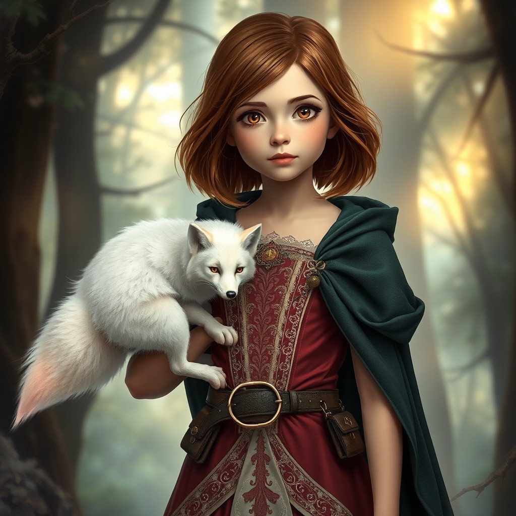 In a spellbinding style, a young girl with shoulder-length brown hair and captivating brown eyes stands before a mystical backdrop