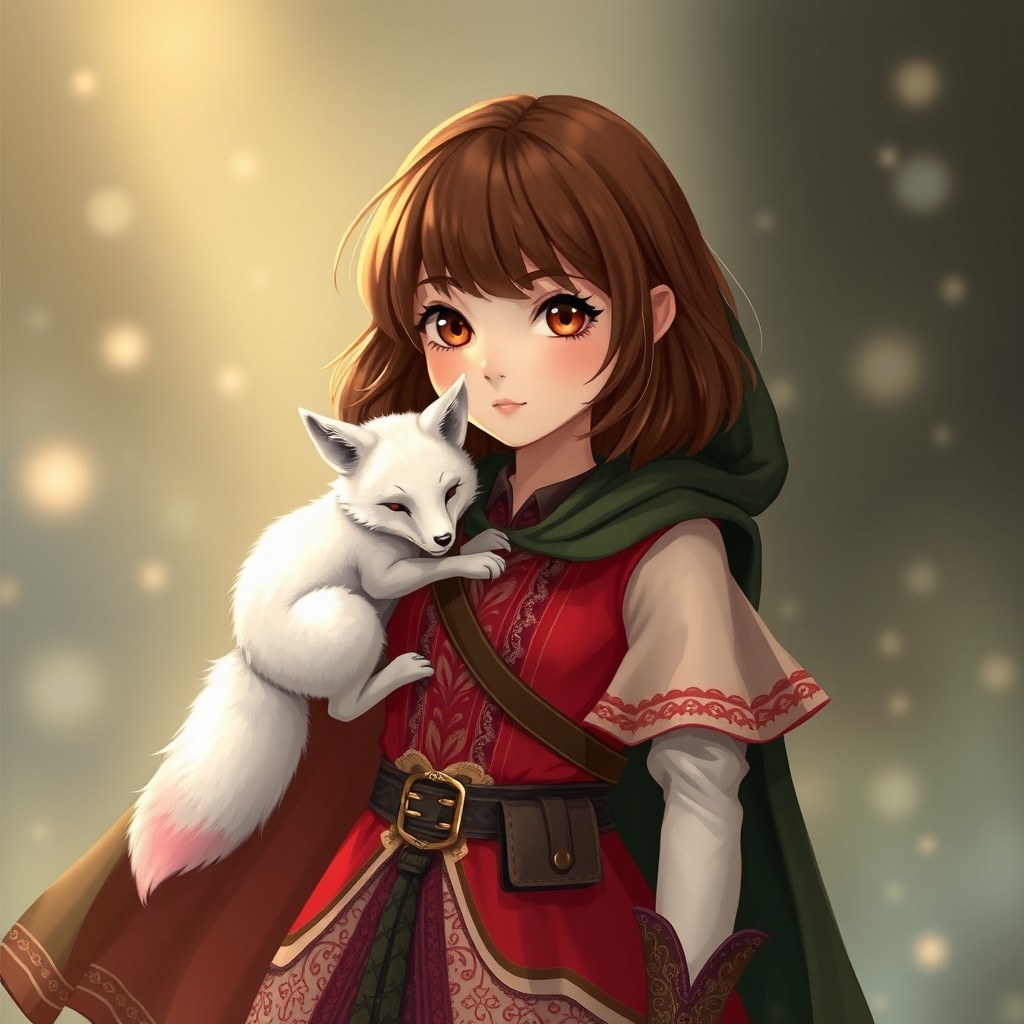 In a spellbinding style, a young girl with shoulder-length brown hair and warm brown eyes stands enchantingly