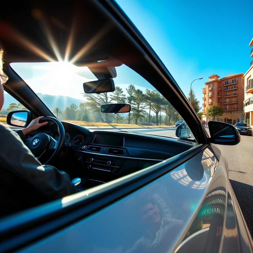 A person confidently driving a sleek and stylish BMW, showcasing the luxurious interior and modern dashboard