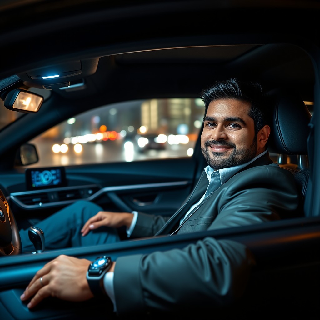 A confident person sitting in a sleek BMW, showcasing luxury and style