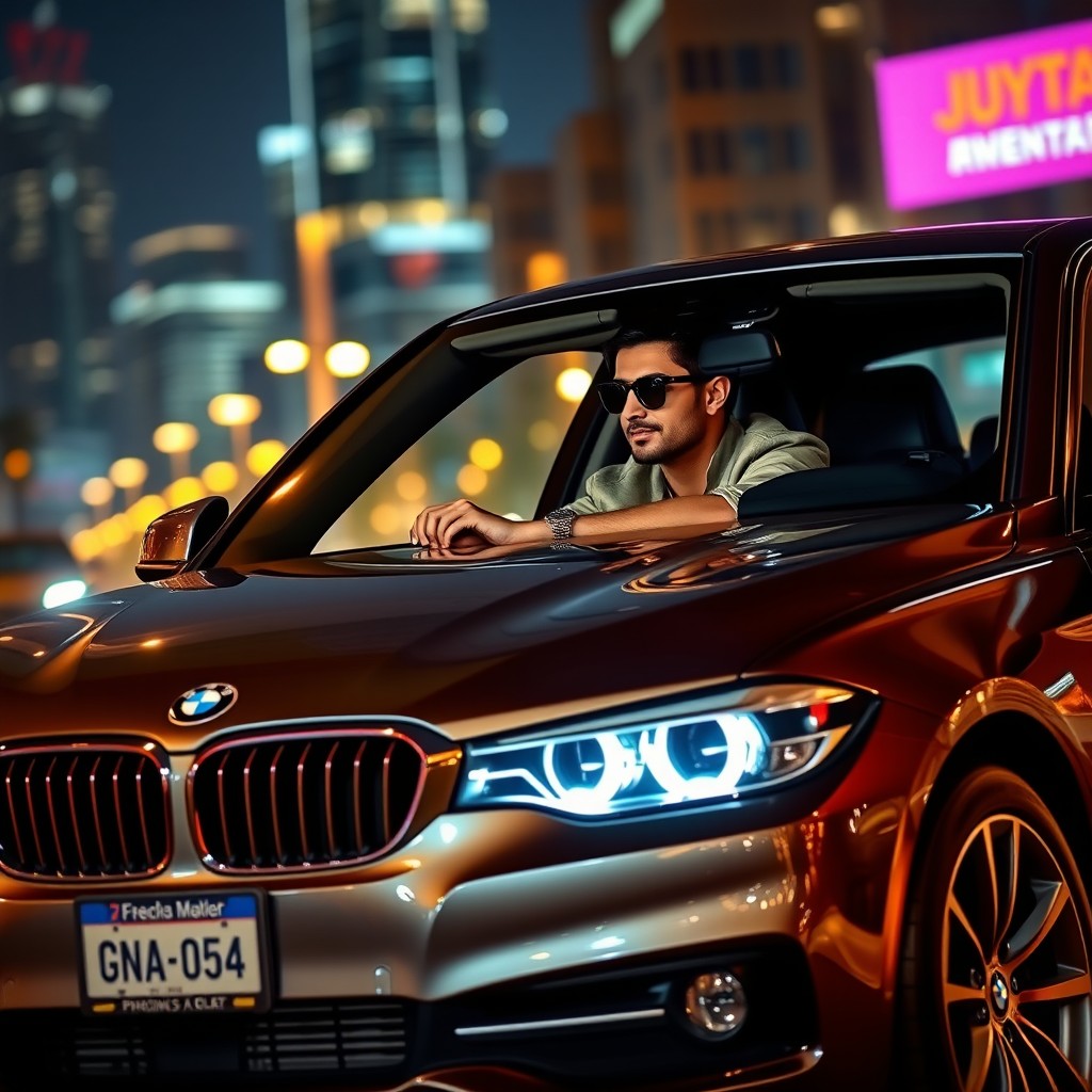 A stylish person driving a luxurious BMW car, showcasing an elegant and dynamic atmosphere