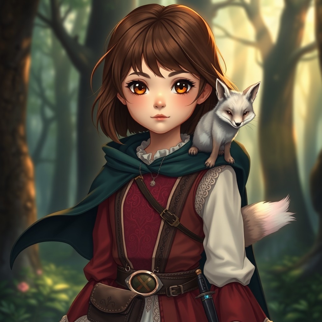 In a spellbinding style, a young girl with elegant shoulder-length brown hair and warm brown eyes captivates with her enchanting presence