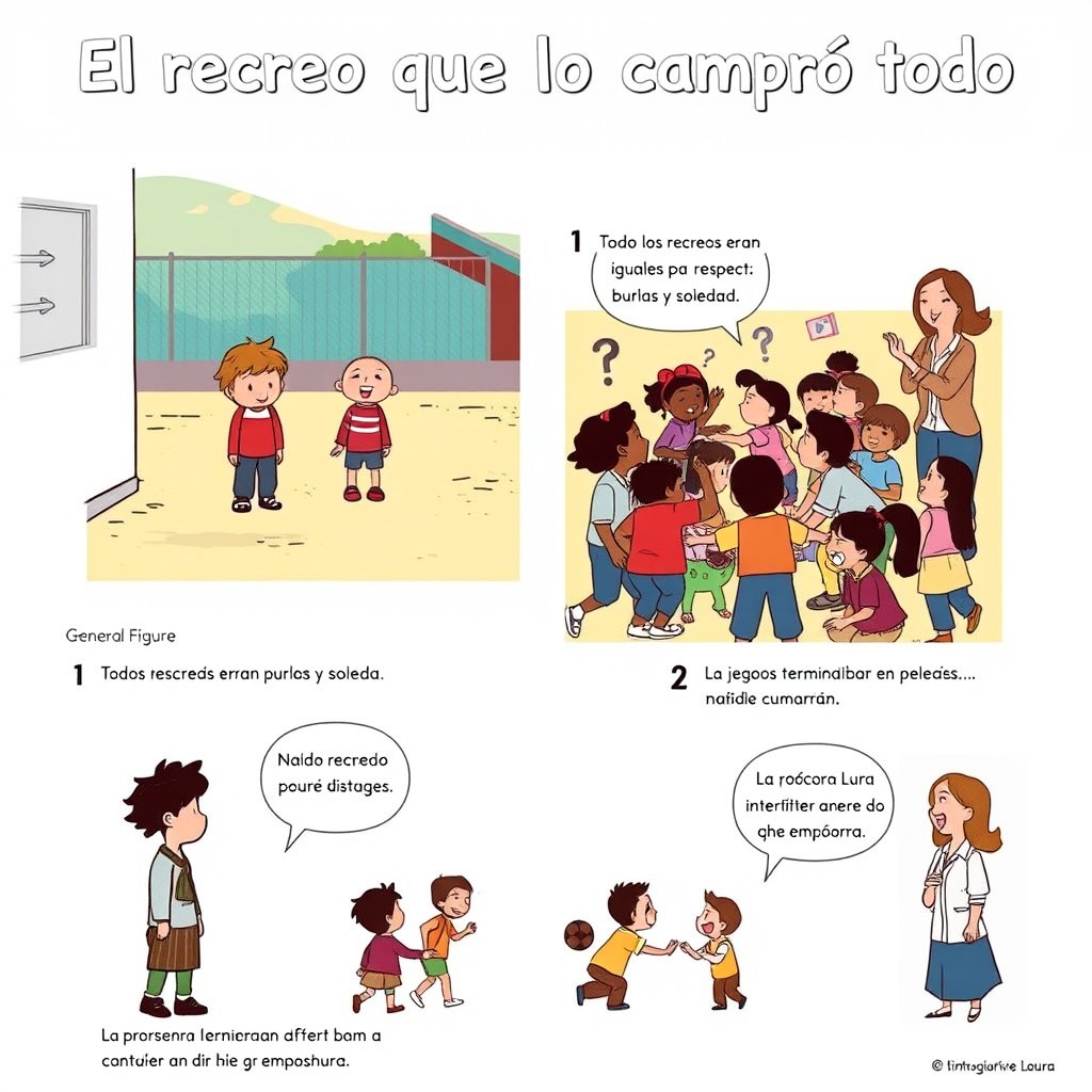 Storyboard titled 'El recreo que lo cambió todo', illustrating how empathy and respect can transform school coexistence