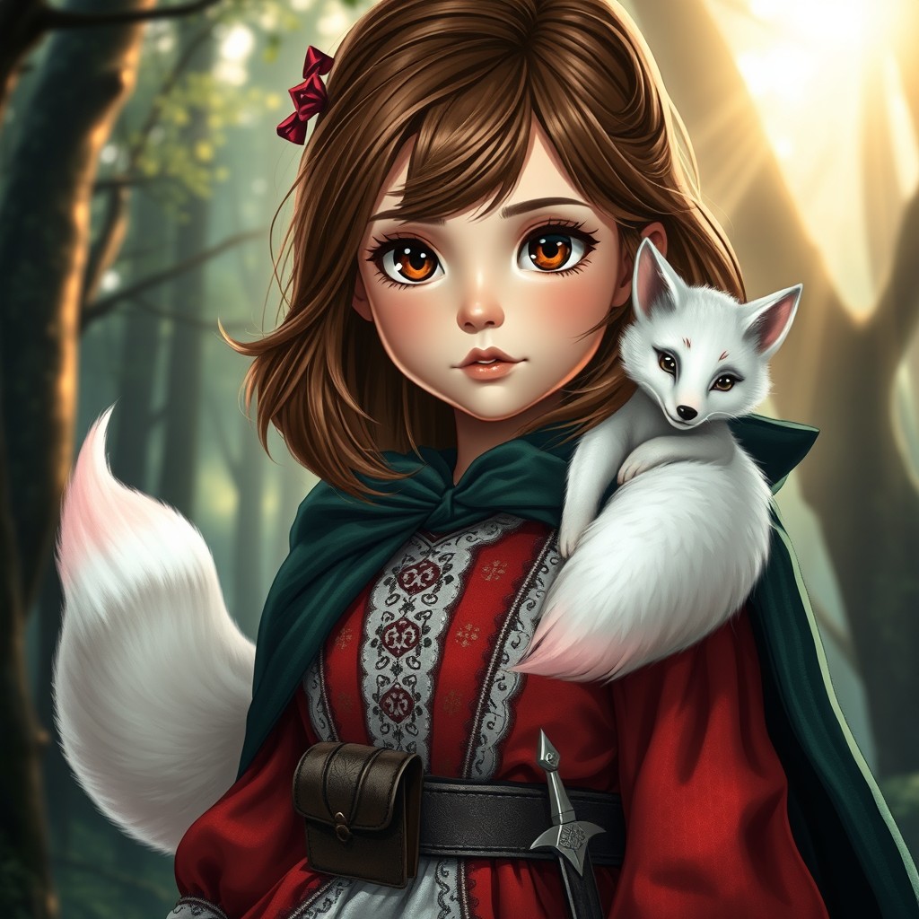 In a spellbinding style, a young girl with shoulder-length brown hair and sparkling brown eyes captivates the viewer