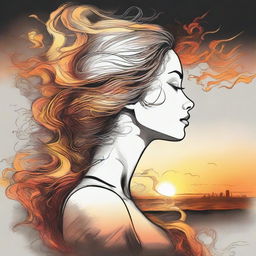 Create a detailed drawing of a side-profile woman, her hair composed of flames, as she gazes into a mesmerizing sunset.