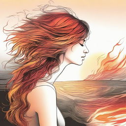 Create a detailed drawing of a side-profile woman, her hair composed of flames, as she gazes into a mesmerizing sunset.