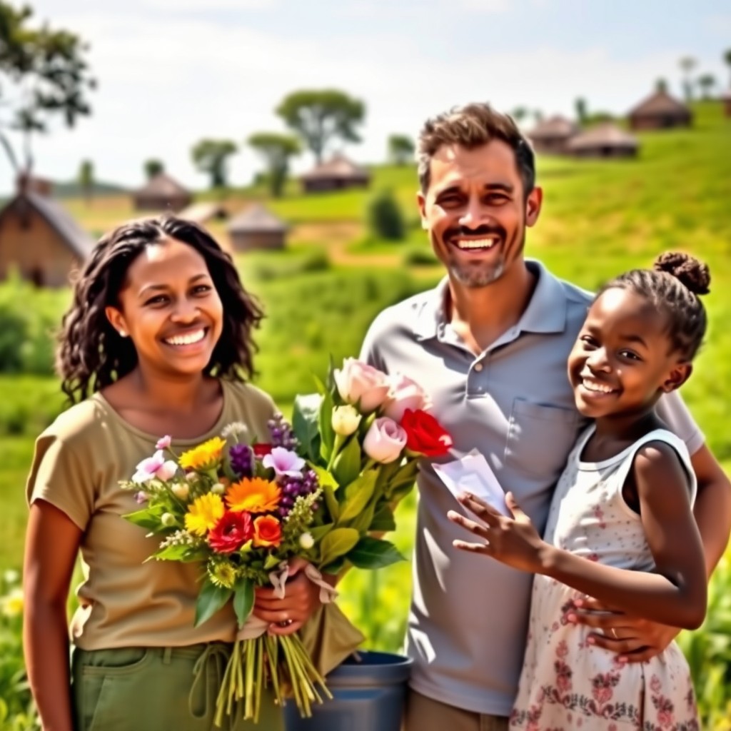 A cheerful and healthy Malagasy family expressing gratitude for medical services, standing together in a warm, sunny atmosphere