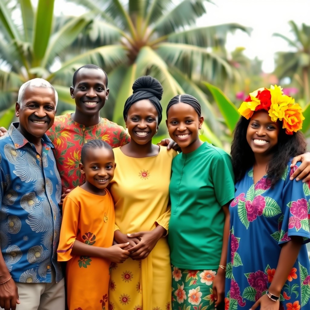 A joyful and healthy Malagasy family expressing gratitude for medical services, standing together in a lush green environment