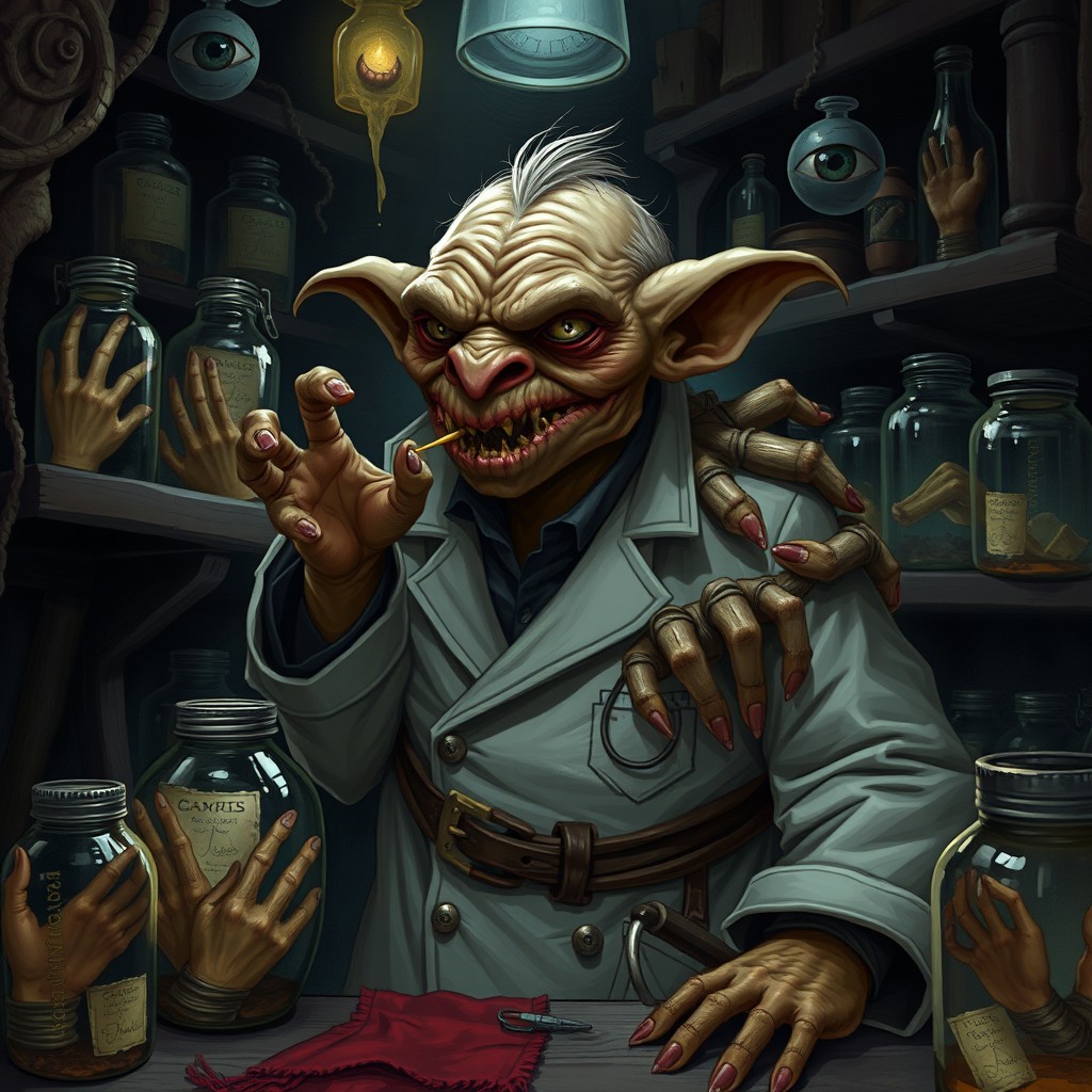 A dark and eerie Dungeons and Dragons illustration set in a small shop filled with bubbling jars, showcasing preserved hands, eyes, and tongues