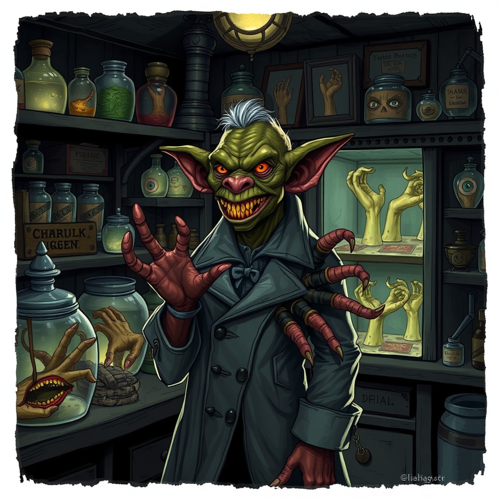 A dark and eerie illustration in a Dungeons & Dragons style, featuring a small, grim apothecary shop filled with bubbling jars and display cases containing preserved hands, eyes, and tongues