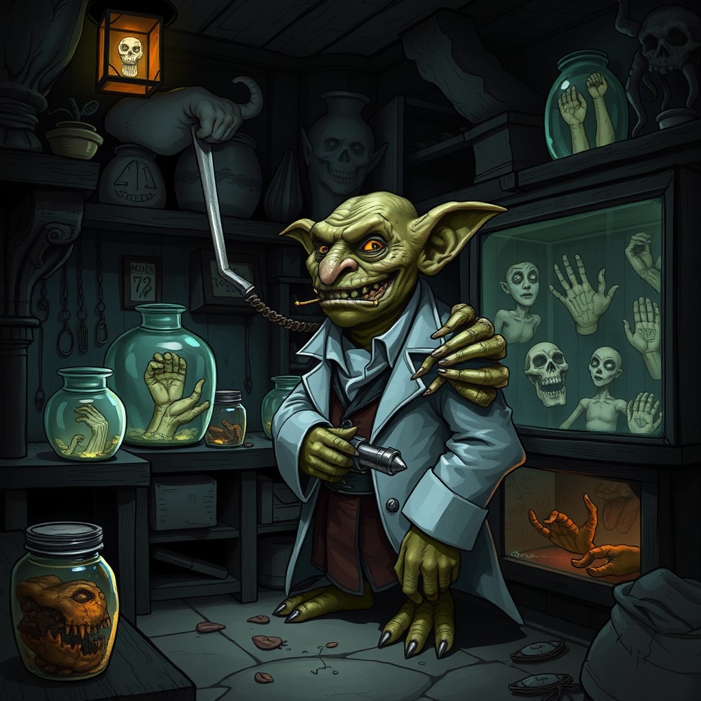 A dark and eerie illustration in Dungeons & Dragons style, depicting a small, ominous shop filled with bubbling jars and display cases containing preserved hands, eyes, and tongues