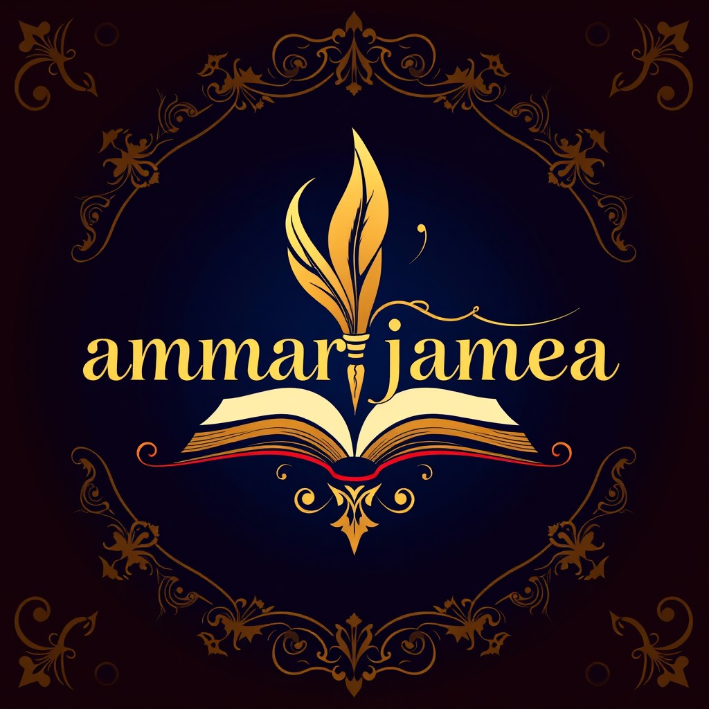 A luxurious and elegant logo design featuring the name 'ammar jamea' which embodies the essence of writing and poetry