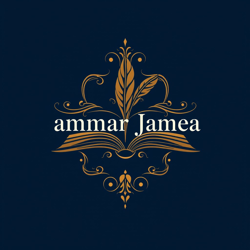 A luxurious and elegant logo for 'ammar jamea' focused on writing and poetry