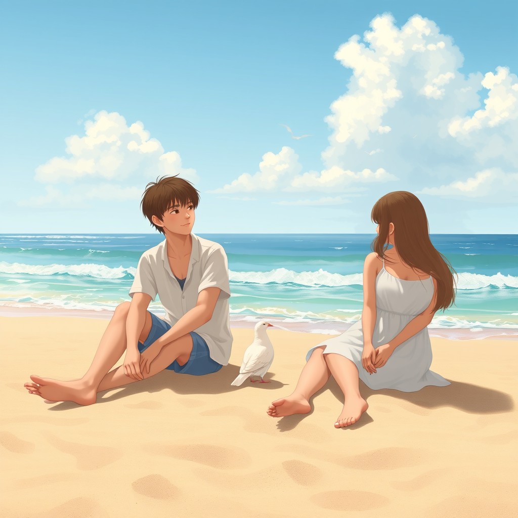 A serene beach scene depicting two people sitting on the sand near the shoreline, enjoying a calm day