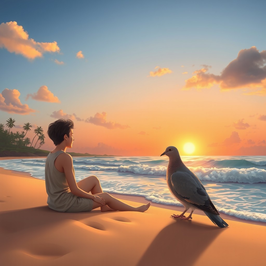 A serene beach scene depicting a warm sunset over the gentle waves