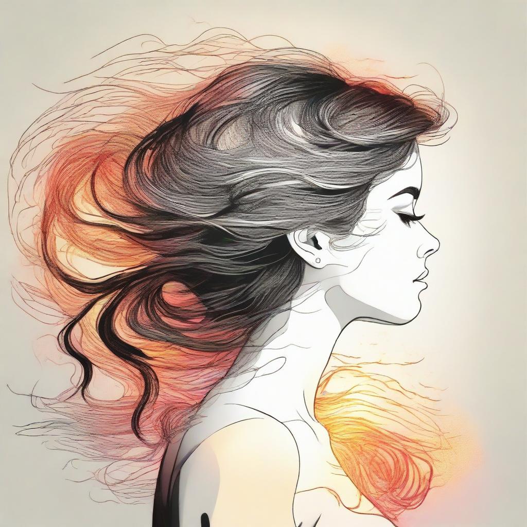 Create a detailed drawing of a side-profile woman, her hair composed of flames, as she gazes into a mesmerizing sunset.