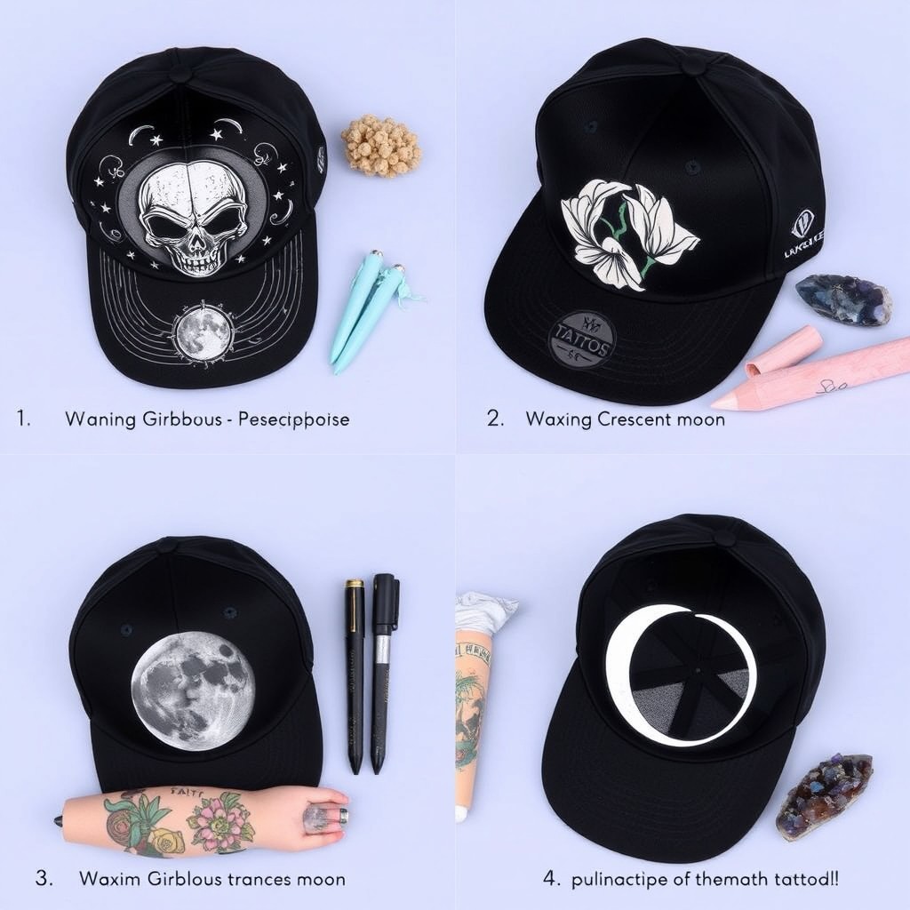 Three distinct and beautifully designed hats each representing a different lunar phase and symbolism: 1
