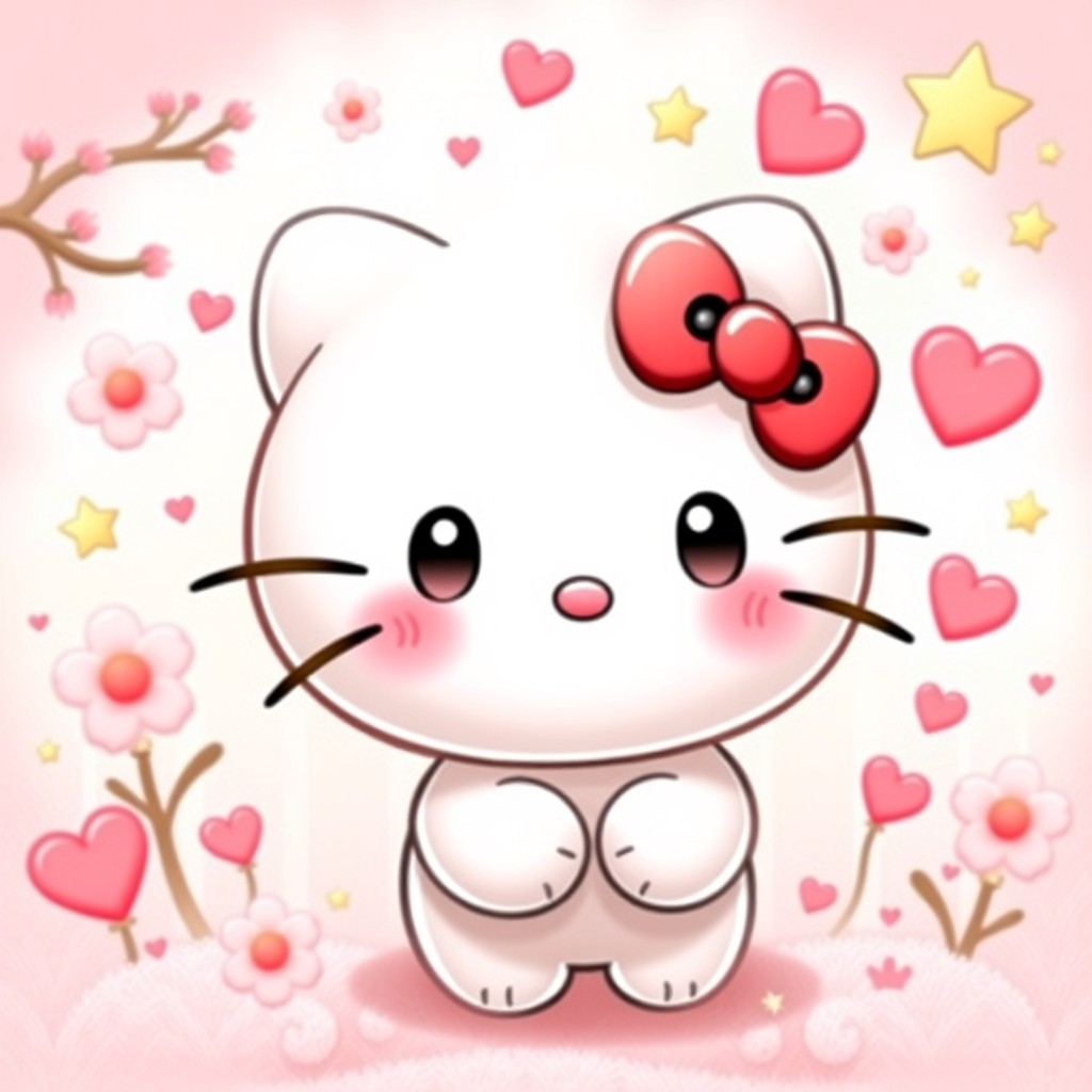 An adorable cartoon character inspired by Hello Kitty, featuring a cute, round face with whiskers and big eyes