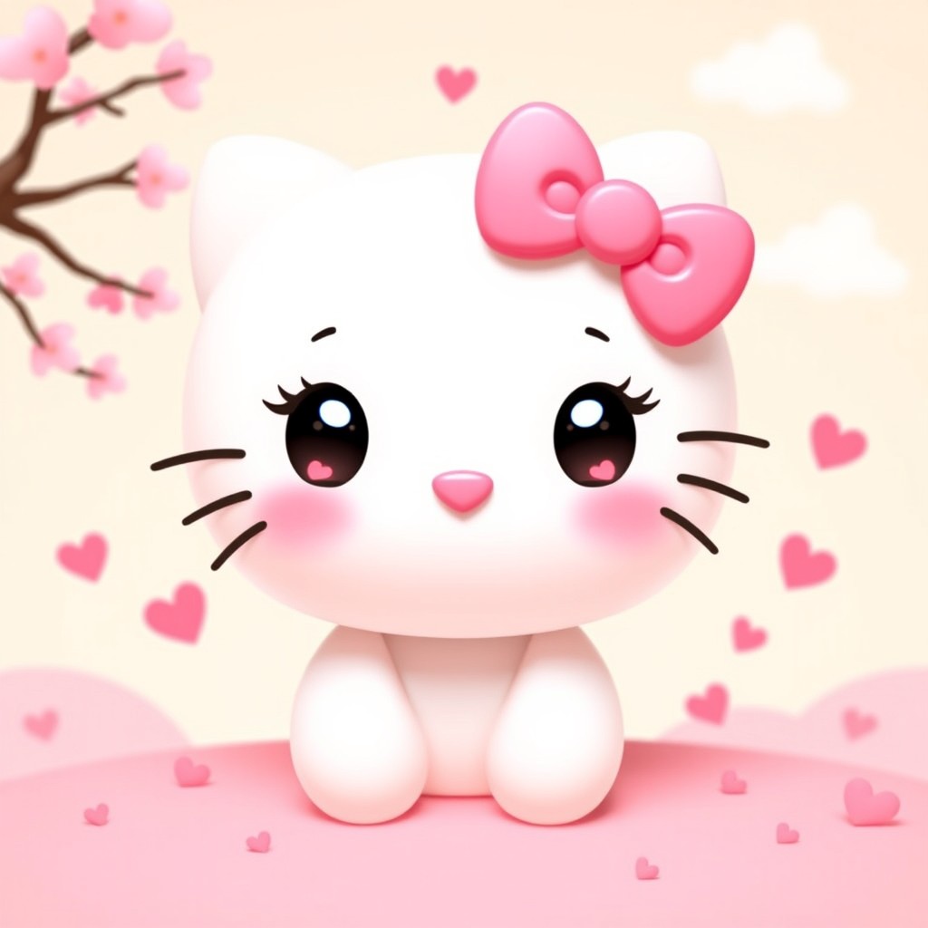 An adorable reinterpretation of a cute character inspired by Hello Kitty, featuring big round eyes, a small triangular nose, and a sweet smile