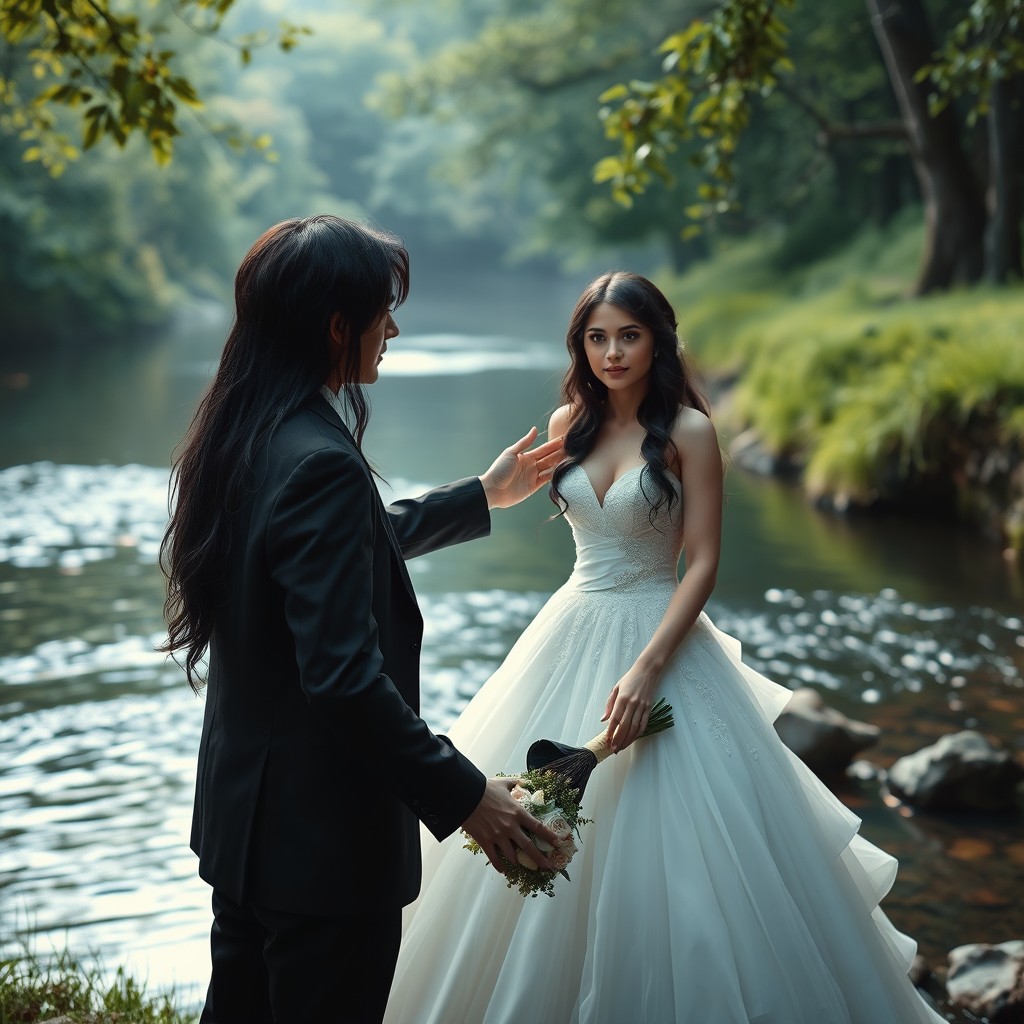 An imaginative scene set by a tranquil creek, featuring a woman with long black hair dressed in a beautiful wedding gown, holding a shattered bouquet in her hand