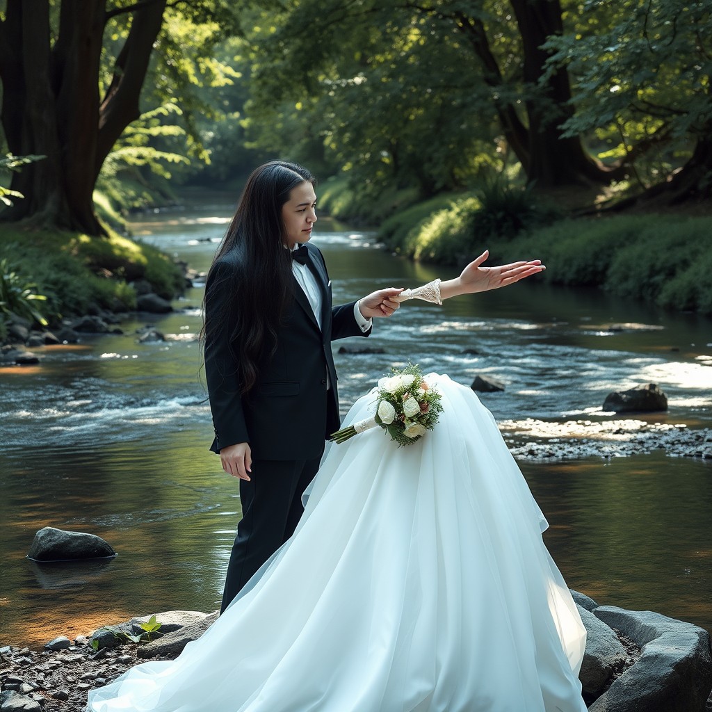 An imaginative scene set by a peaceful, flowing creek, featuring a woman with long black hair in a stunning wedding dress