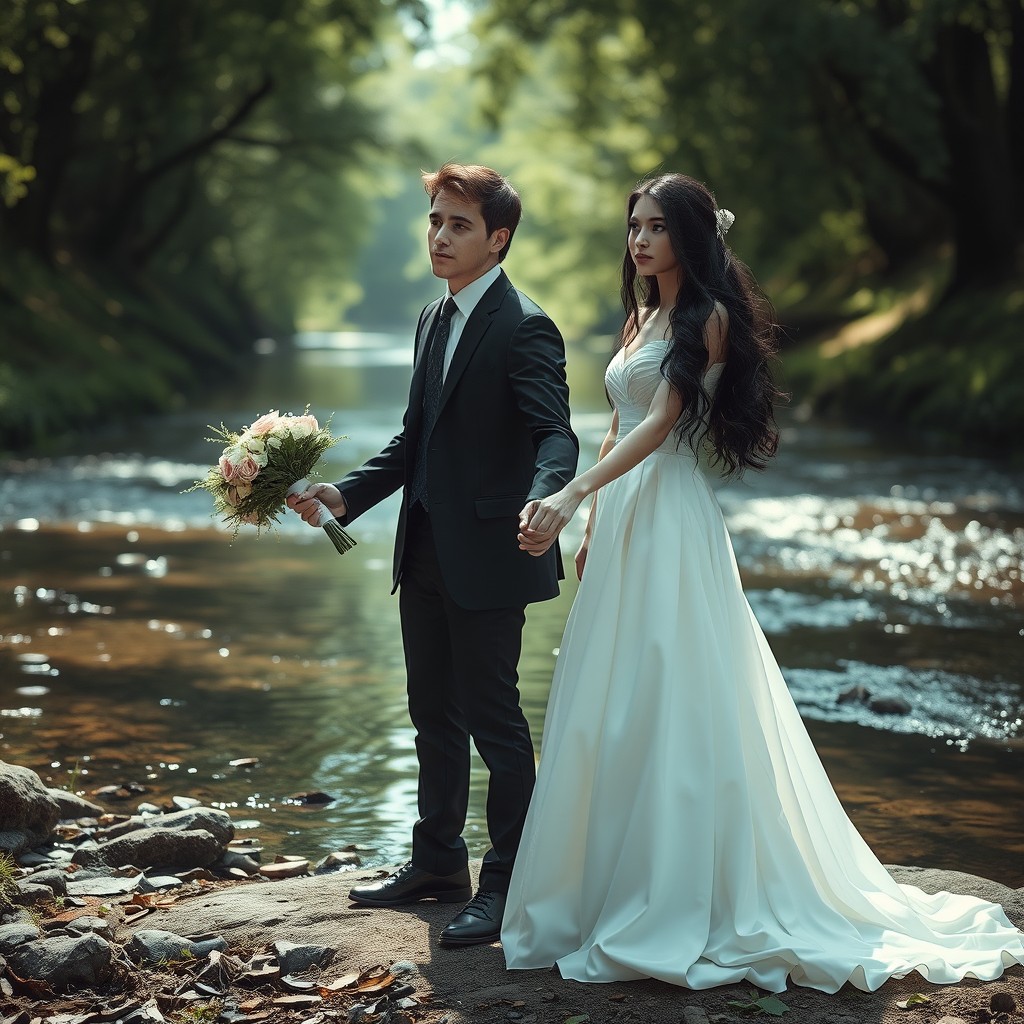 An imaginative scene set by a serene creek, capturing a woman with long black hair dressed in a flowing wedding gown, holding a shattered bouquet that signifies heartbreak