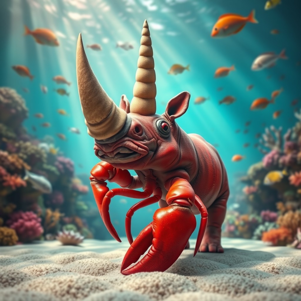 A whimsical and imaginative scene featuring a lobster holding a rhino's horn with its claws