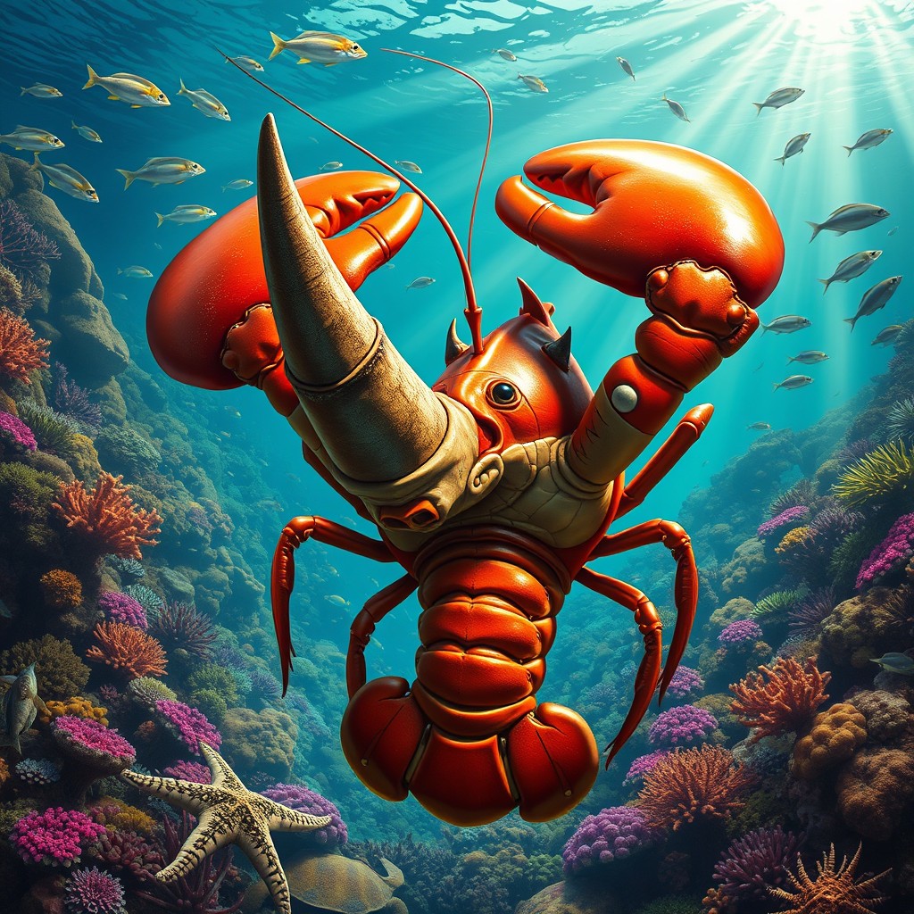 A large, vibrant lobster gripping a rhinoceros horn in its claws, set against a surreal underwater landscape filled with colorful corals, schools of fish, and rays of sunlight piercing through the water