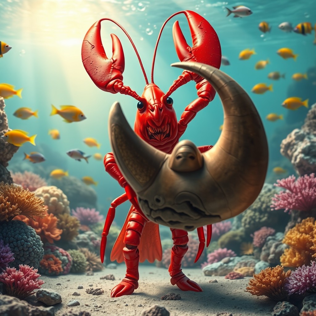 A surreal scene featuring a bright red lobster standing upright, confidently holding a large, curved rhino's horn in its claws