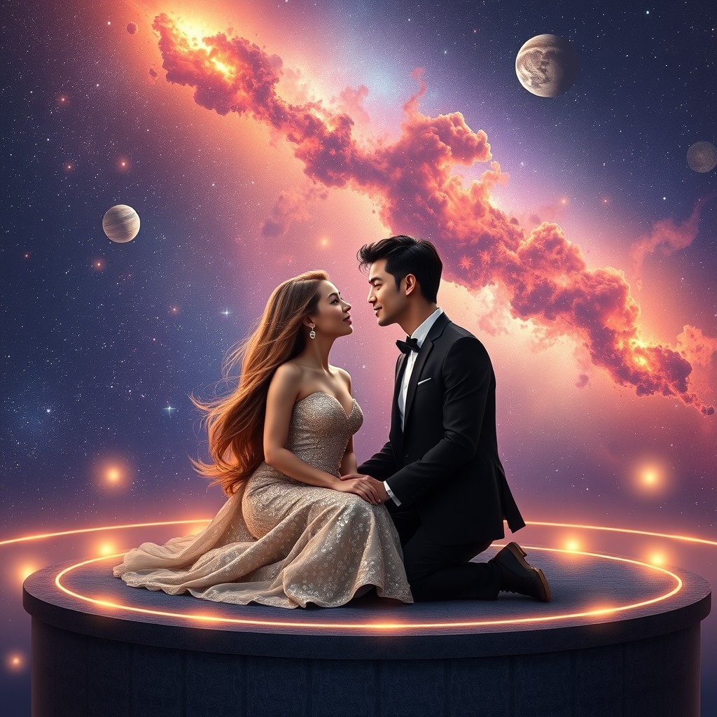 A romantic scene portraying a couple amidst the stars in a vast, dreamy galaxy
