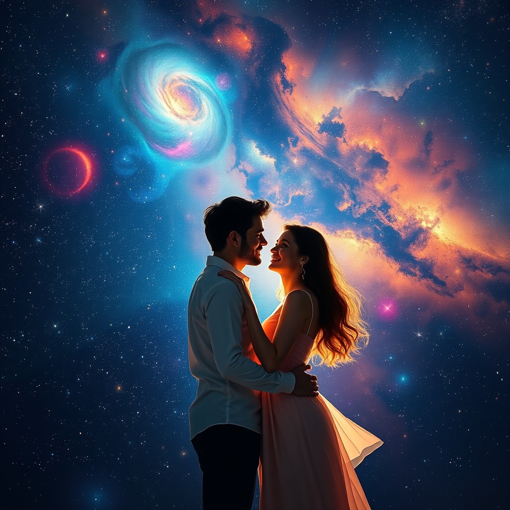 Romantic Cosmic Embrace: A Dreamy Couple Under the Stars