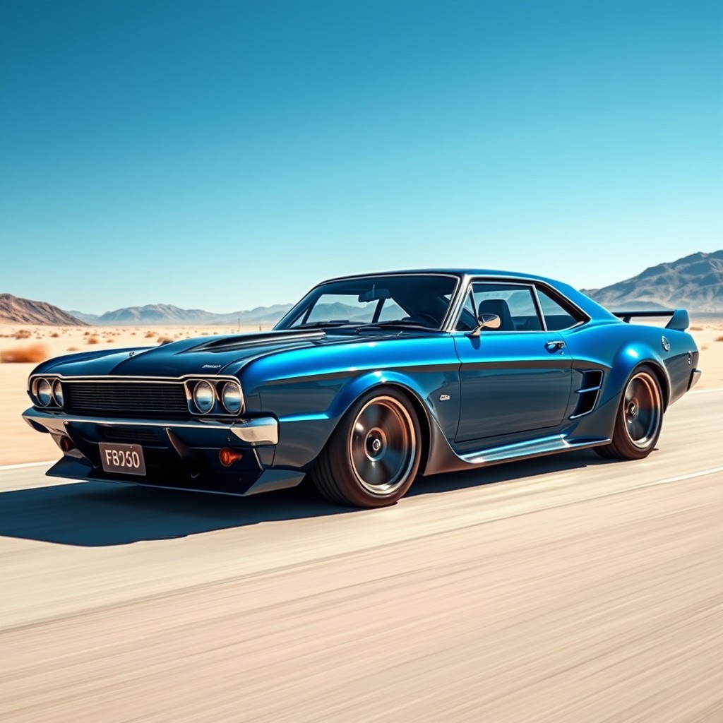 A stunning hybrid car that combines elements of a classic Ford Falcon with the sleek design of a Koenigsegg Jesko