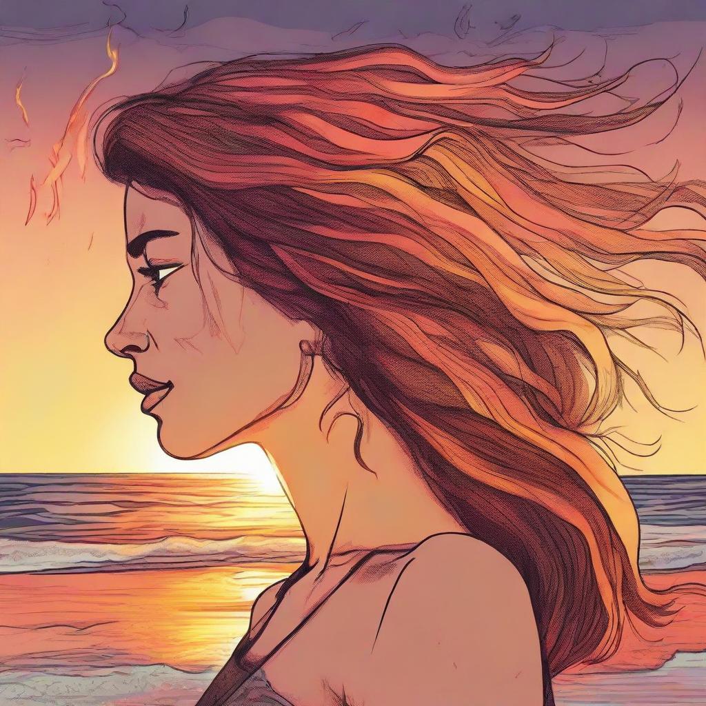 Illustrate a detailed drawing of a side-profile woman with hair made of flickering flames, fixated on a vibrant sunset on the beach.