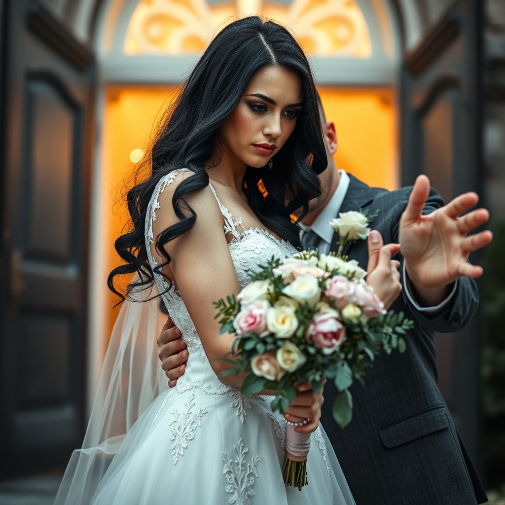 A romantic and dramatic scene between a couple outdoors at the exit of a church