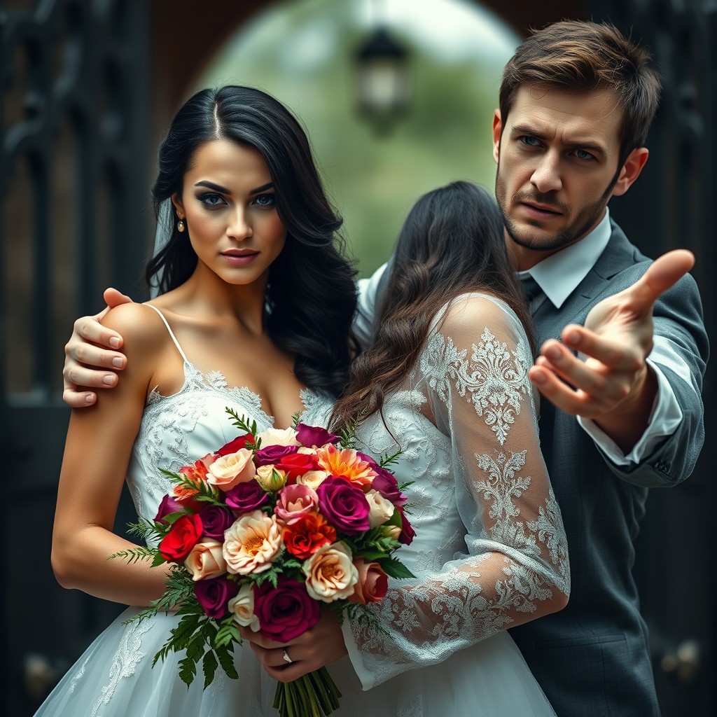 A romantic and dramatic scene between a couple, featuring a woman named Lyana, 27 years old, with fair skin, long wavy black hair, and greenish-brown eyes
