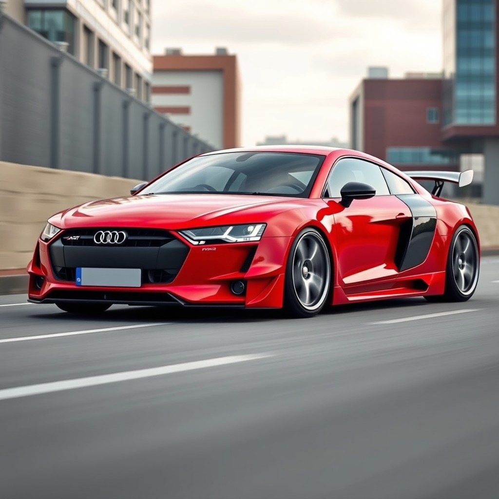 A unique fusion of a Fiat 147 and an Audi R8, creating a compact yet sporty vehicle that combines the classic design elements of the Fiat 147 with the sleek, aerodynamic features of the Audi R8