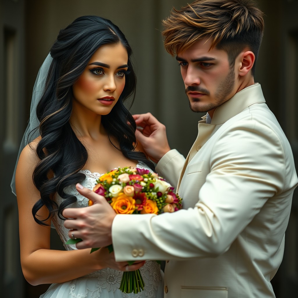 A romantic and dramatic scene between a couple, showcasing a woman named Lyana, 27 years old, with fair skin, long wavy black hair, and greenish-brown eyes that shine with intensity and emotion