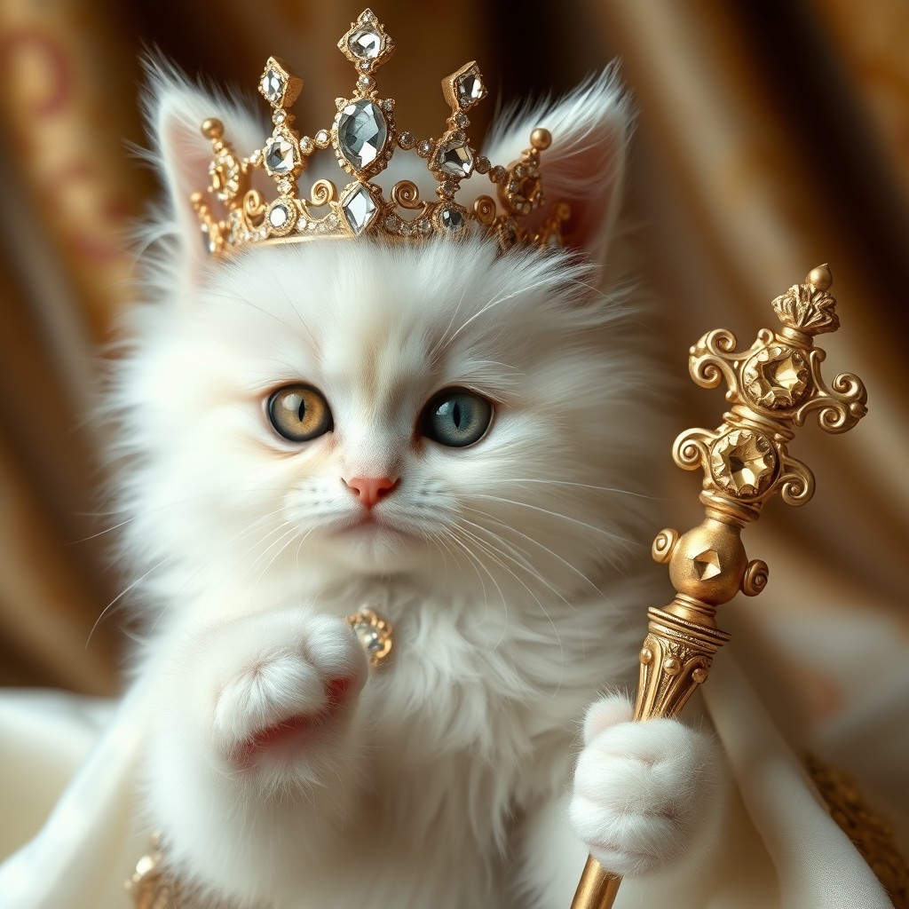A stunning white Persian kitten with luxurious fur, featuring one captivating golden eye and one mesmerizing blue eye