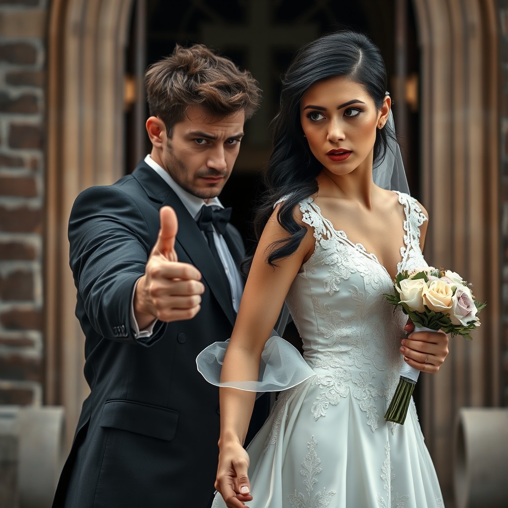 A romantic and dramatic scene featuring a couple at the exit of a church