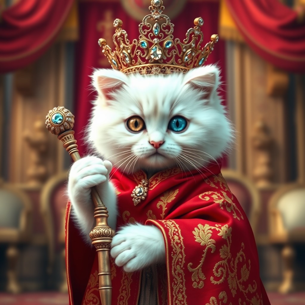 A beautiful white Persian kitten with striking dual-colored eyes; one golden and one blue