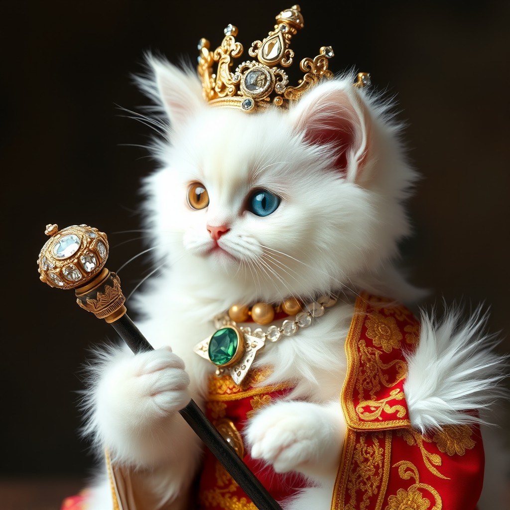 A beautiful white Persian kitten with a fluffy coat, one golden eye and one striking blue eye, dressed as an empress