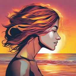 Illustrate a detailed drawing of a side-profile woman with hair made of flickering flames, fixated on a vibrant sunset on the beach.