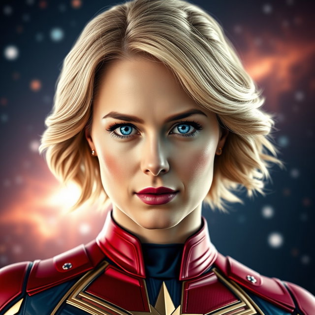 A hyper-realistic portrayal of Captain Marvel (Carol Danvers) as played by Brie Larson, featuring her iconic superhero uniform
