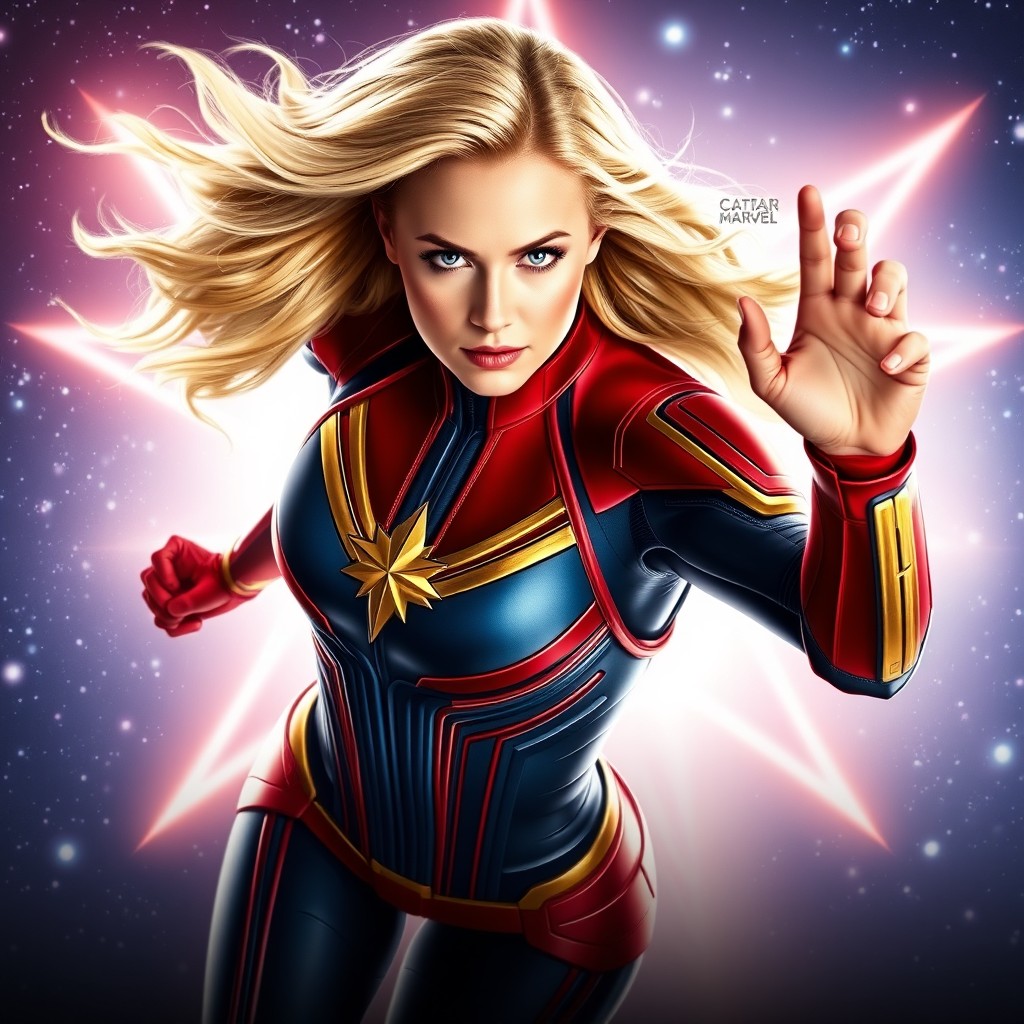 A striking image of Captain Marvel (Carol Danvers), showcasing her in full action