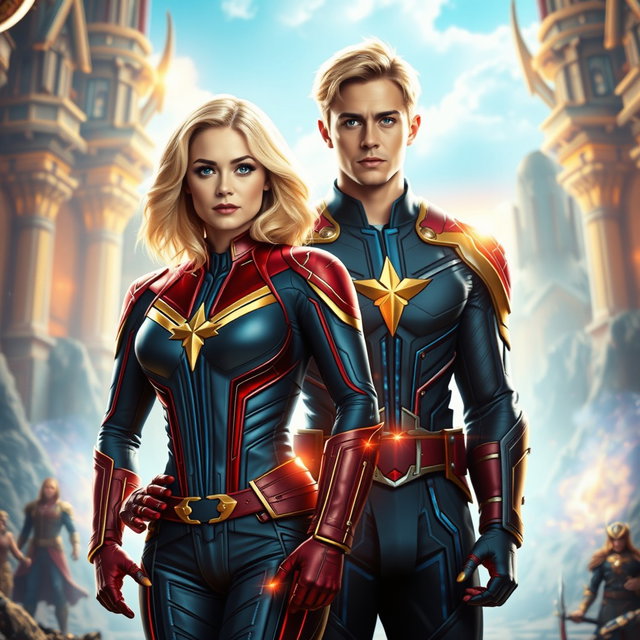 An action-packed scene featuring Captain Marvel (Carol Danvers) standing confidently next to a blonde superhero male, who has striking golden blonde hair and deep blue ocean eyes