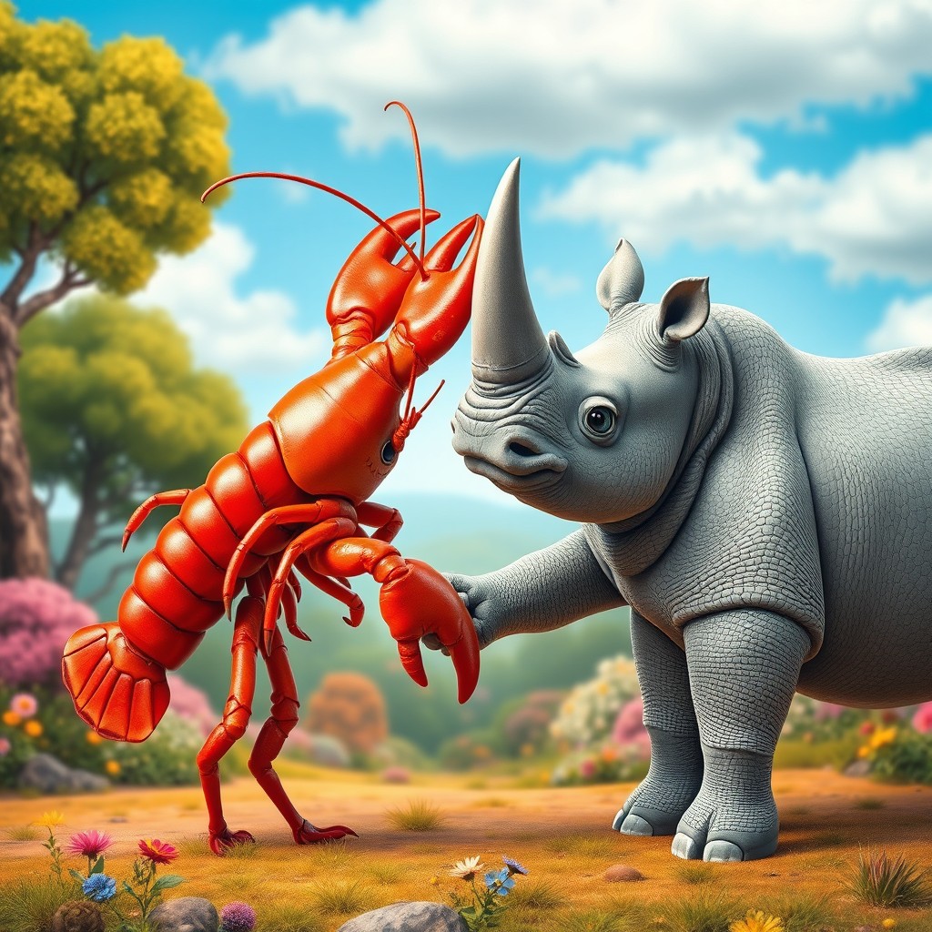 A whimsical scene depicting a lobster and a rhinoceros holding hands, showcasing a playful and surreal interaction between the two very different creatures