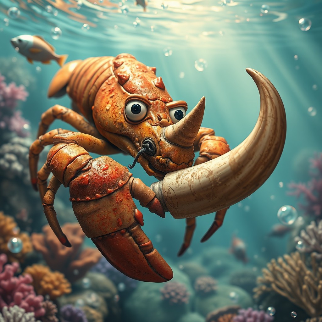 A surreal and whimsical scene featuring a dirty lobster with a vibrant, crustacean texture, holding a live rhino horn in its claws