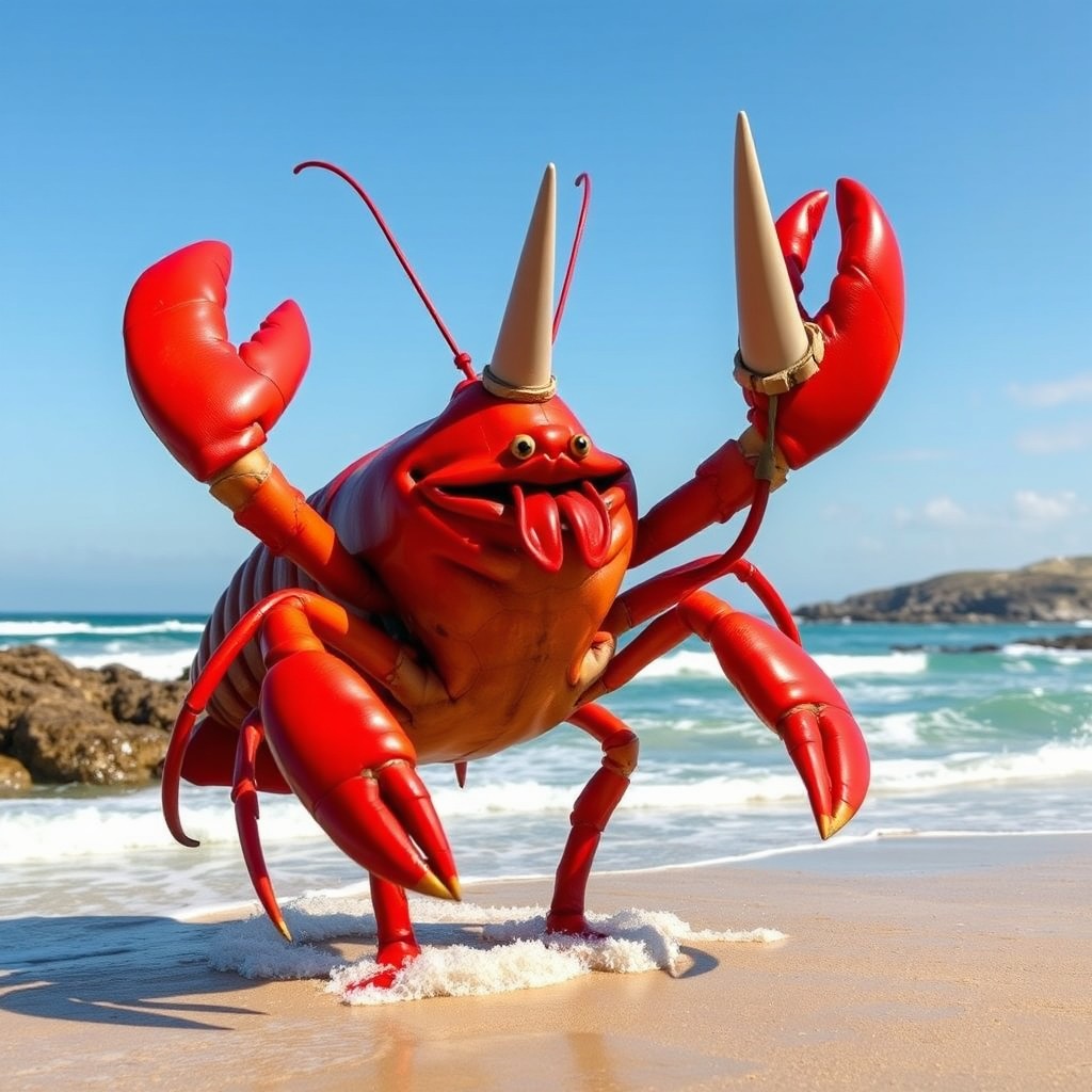 A quirky and amusing scene featuring a comically oversized lobster with big legs standing upright, joyfully holding hands with a cartoonish rhinoceros horn