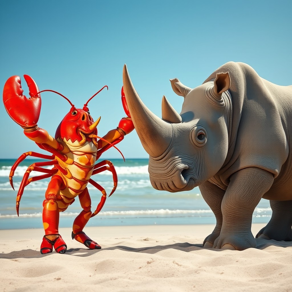 A whimsical scene featuring a muscular buff lobster and a large, friendly rhino holding hands